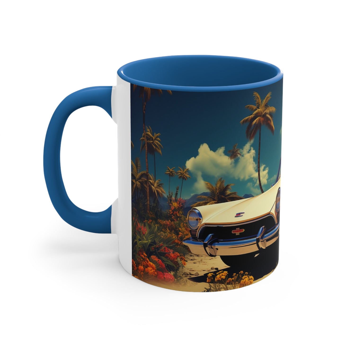 Desertwave Drive: Customized Dreamy Classic Car and Seaside Vista Accent Coffee Mug - Elegantly Rendered in 8K Detail (11oz Mugs)