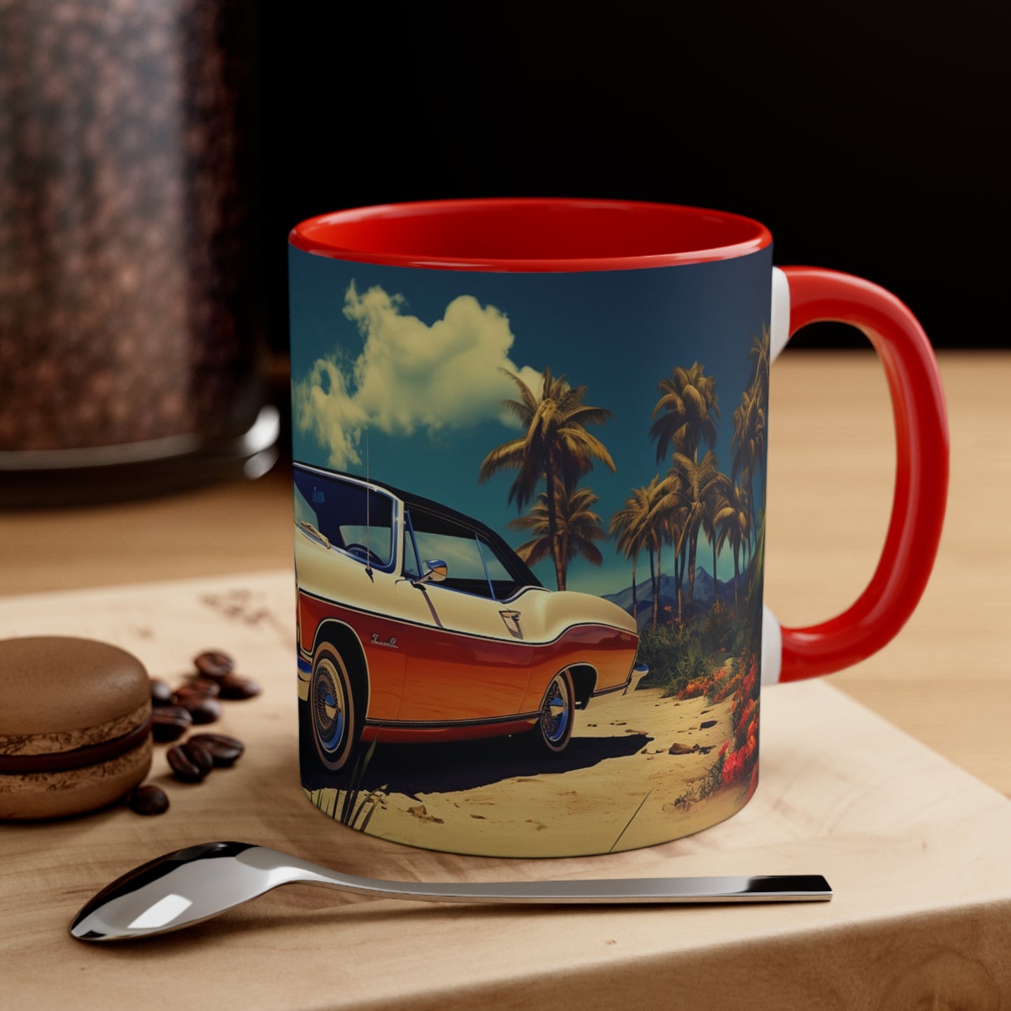 Desertwave Drive: Customized Dreamy Classic Car and Seaside Vista Accent Coffee Mug - Elegantly Rendered in 8K Detail (11oz Mugs)