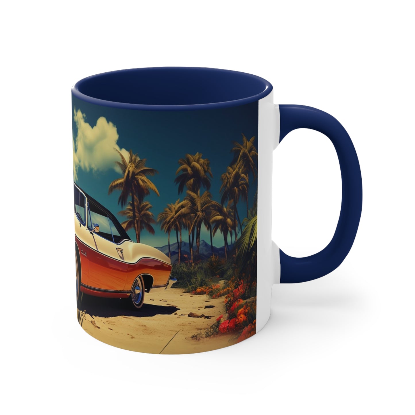 Desertwave Drive: Customized Dreamy Classic Car and Seaside Vista Accent Coffee Mug - Elegantly Rendered in 8K Detail (11oz Mugs)