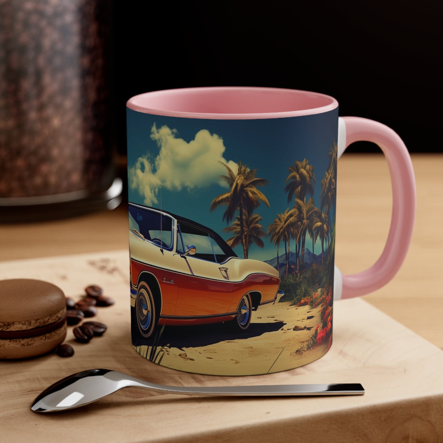 Desertwave Drive: Customized Dreamy Classic Car and Seaside Vista Accent Coffee Mug - Elegantly Rendered in 8K Detail (11oz Mugs)
