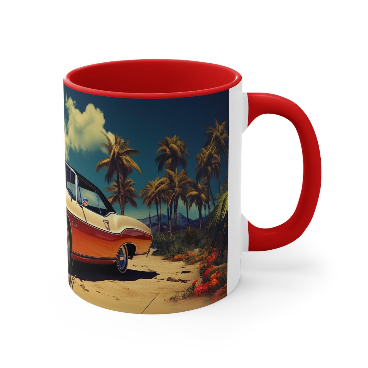 Desertwave Drive: Customized Dreamy Classic Car and Seaside Vista Accent Coffee Mug - Elegantly Rendered in 8K Detail (11oz Mugs)