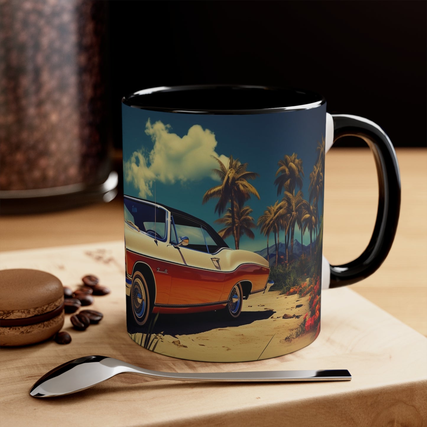 Desertwave Drive: Customized Dreamy Classic Car and Seaside Vista Accent Coffee Mug - Elegantly Rendered in 8K Detail (11oz Mugs)