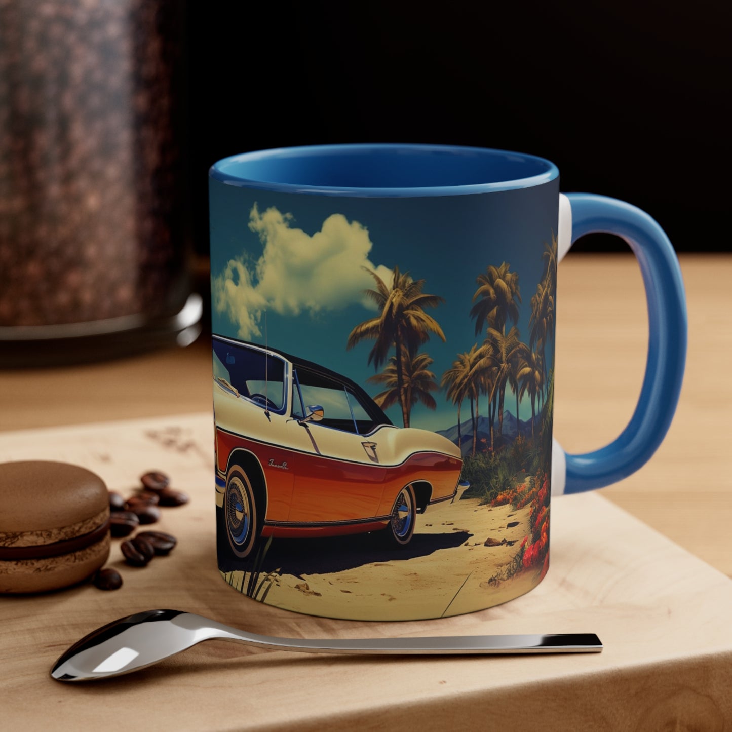 Desertwave Drive: Customized Dreamy Classic Car and Seaside Vista Accent Coffee Mug - Elegantly Rendered in 8K Detail (11oz Mugs)
