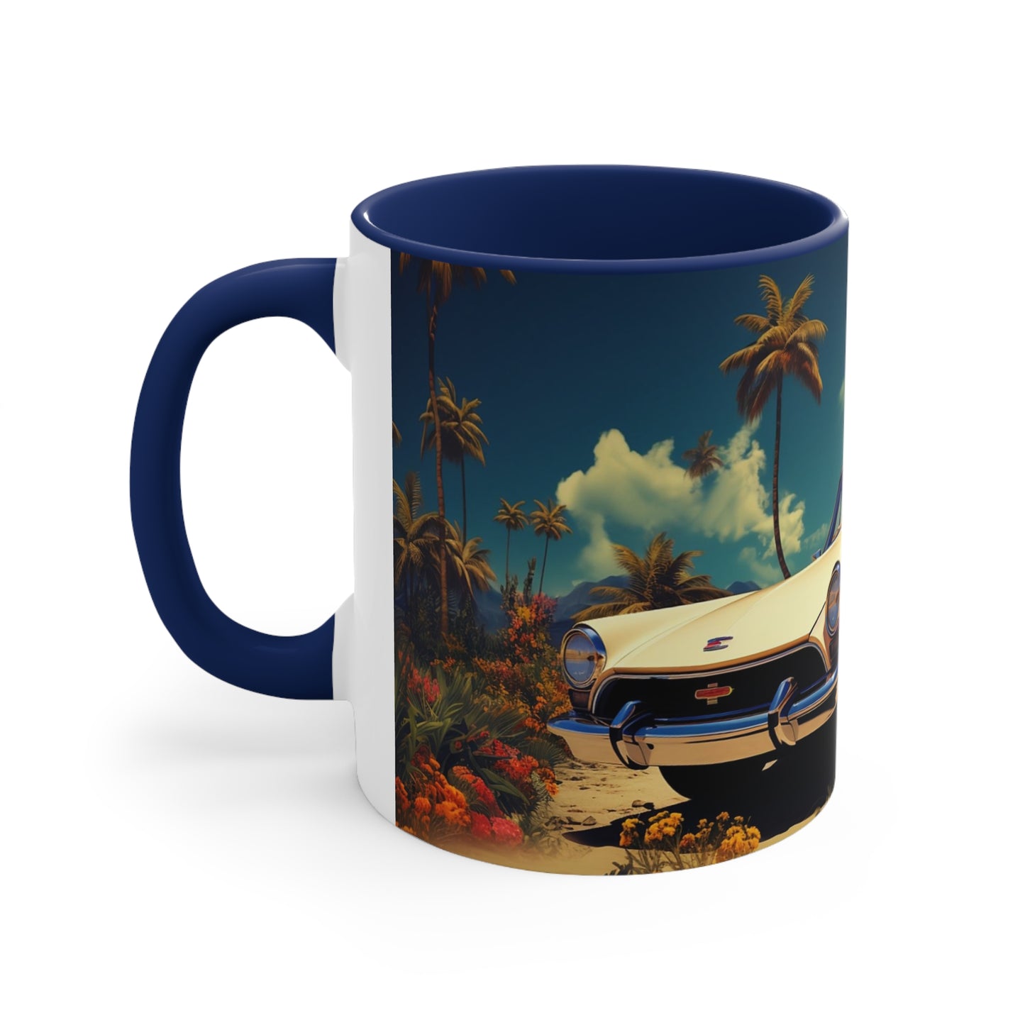 Desertwave Drive: Customized Dreamy Classic Car and Seaside Vista Accent Coffee Mug - Elegantly Rendered in 8K Detail (11oz Mugs)