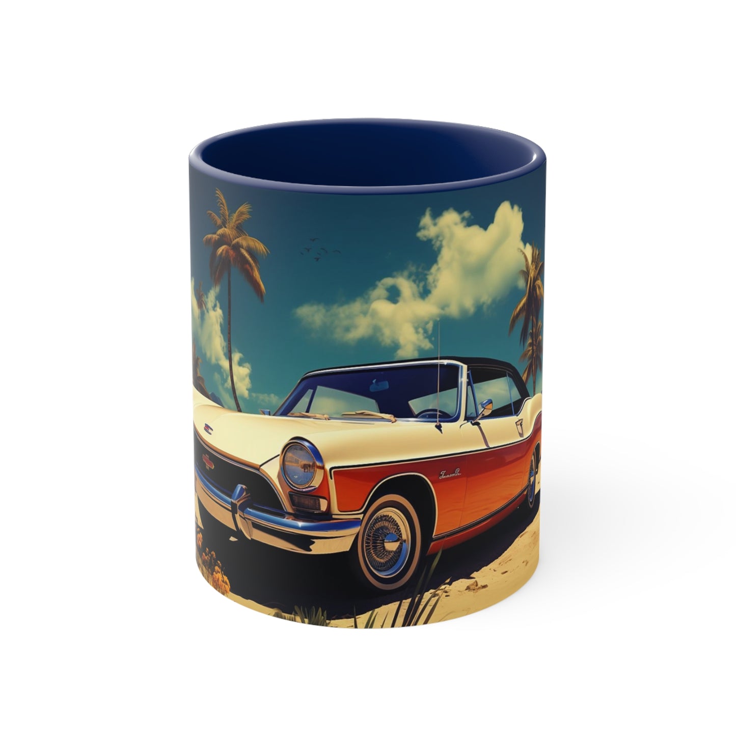 Desertwave Drive: Customized Dreamy Classic Car and Seaside Vista Accent Coffee Mug - Elegantly Rendered in 8K Detail (11oz Mugs)