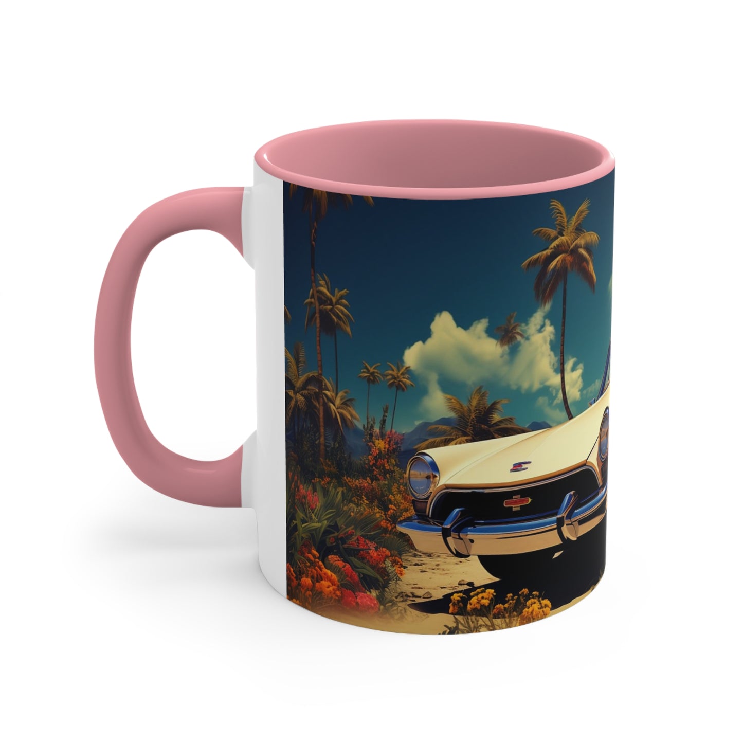 Desertwave Drive: Customized Dreamy Classic Car and Seaside Vista Accent Coffee Mug - Elegantly Rendered in 8K Detail (11oz Mugs)