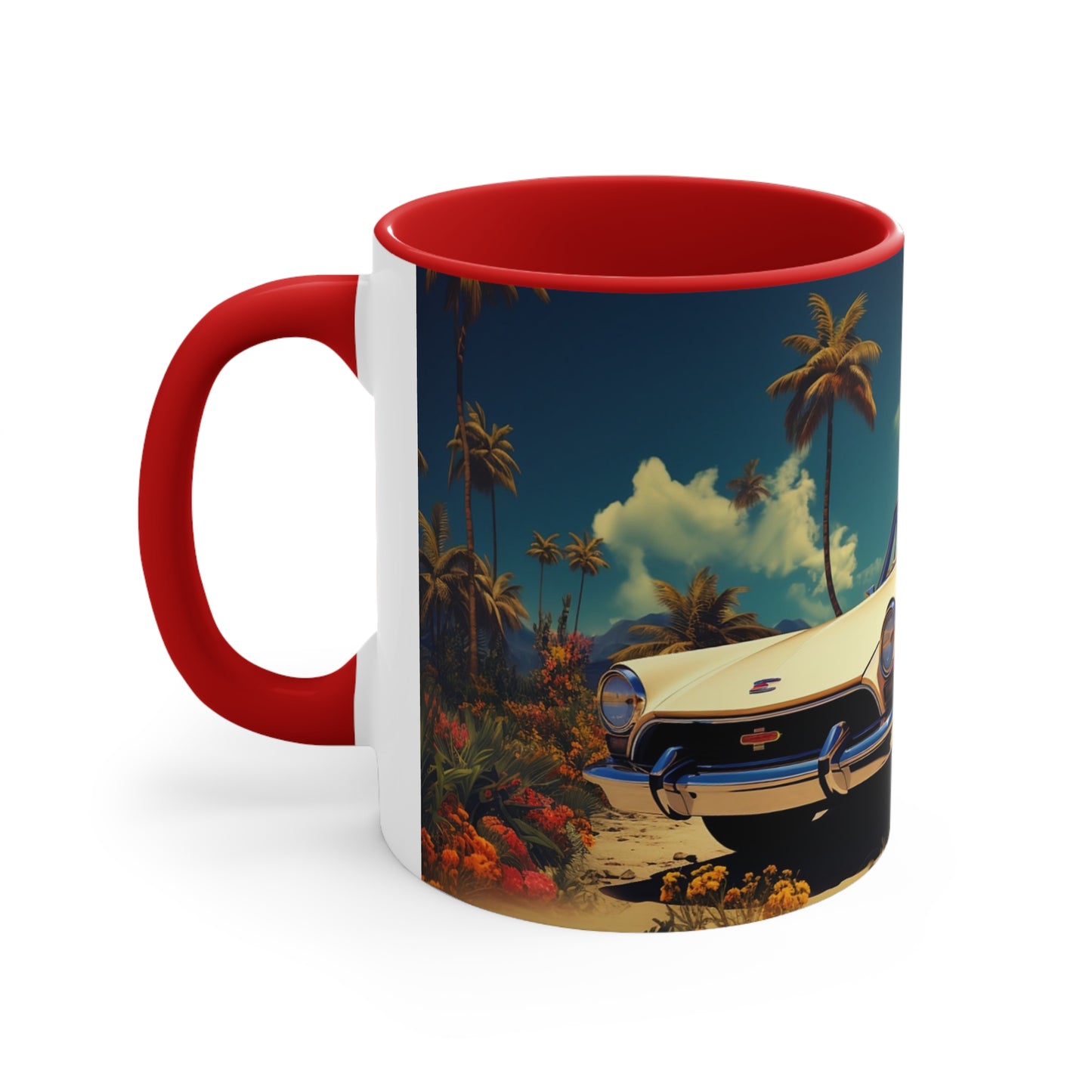 Desertwave Drive: Customized Dreamy Classic Car and Seaside Vista Accent Coffee Mug - Elegantly Rendered in 8K Detail (11oz Mugs)