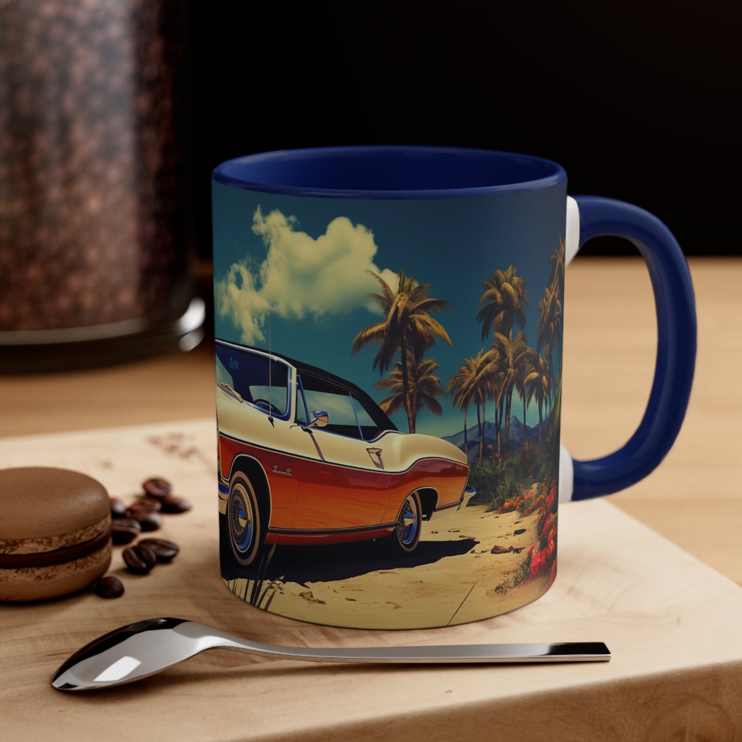 Desertwave Drive: Customized Dreamy Classic Car and Seaside Vista Accent Coffee Mug - Elegantly Rendered in 8K Detail (11oz Mugs)