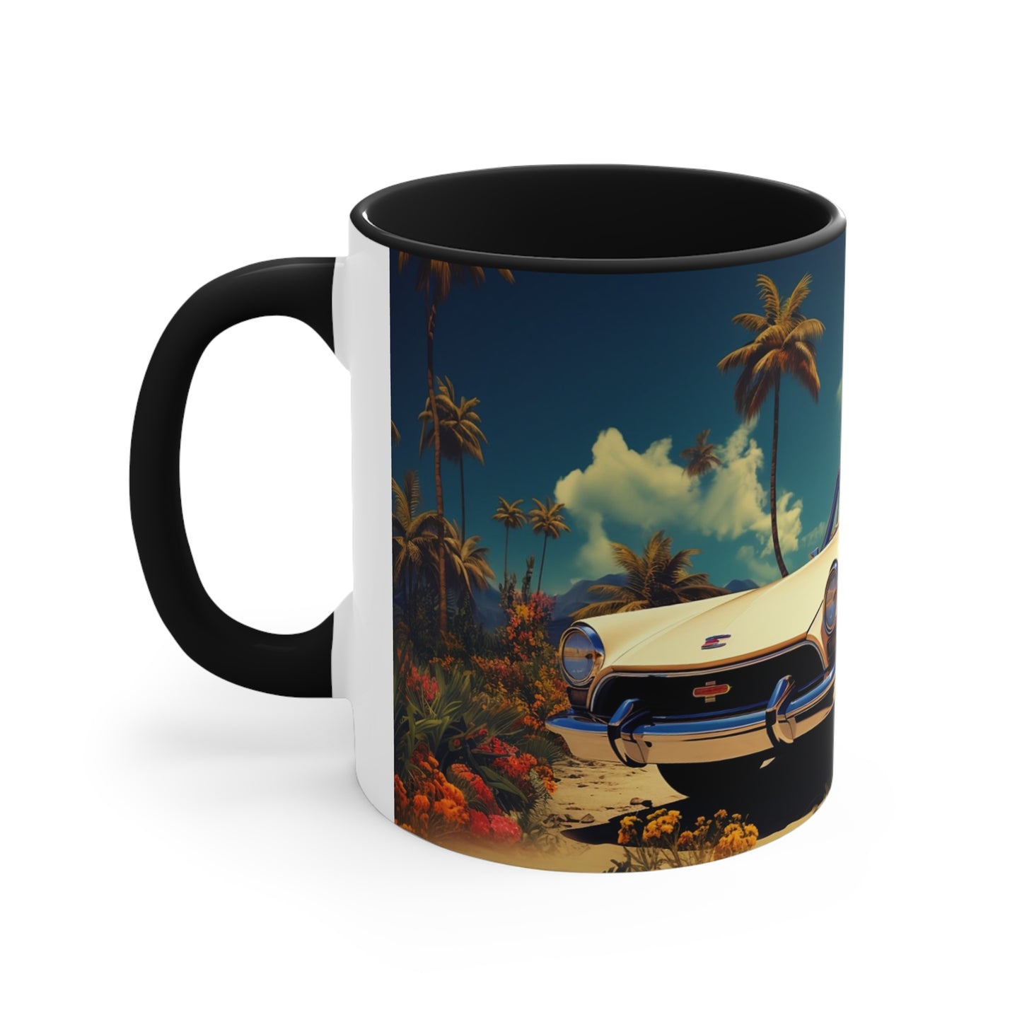 Desertwave Drive: Customized Dreamy Classic Car and Seaside Vista Accent Coffee Mug - Elegantly Rendered in 8K Detail (11oz Mugs)